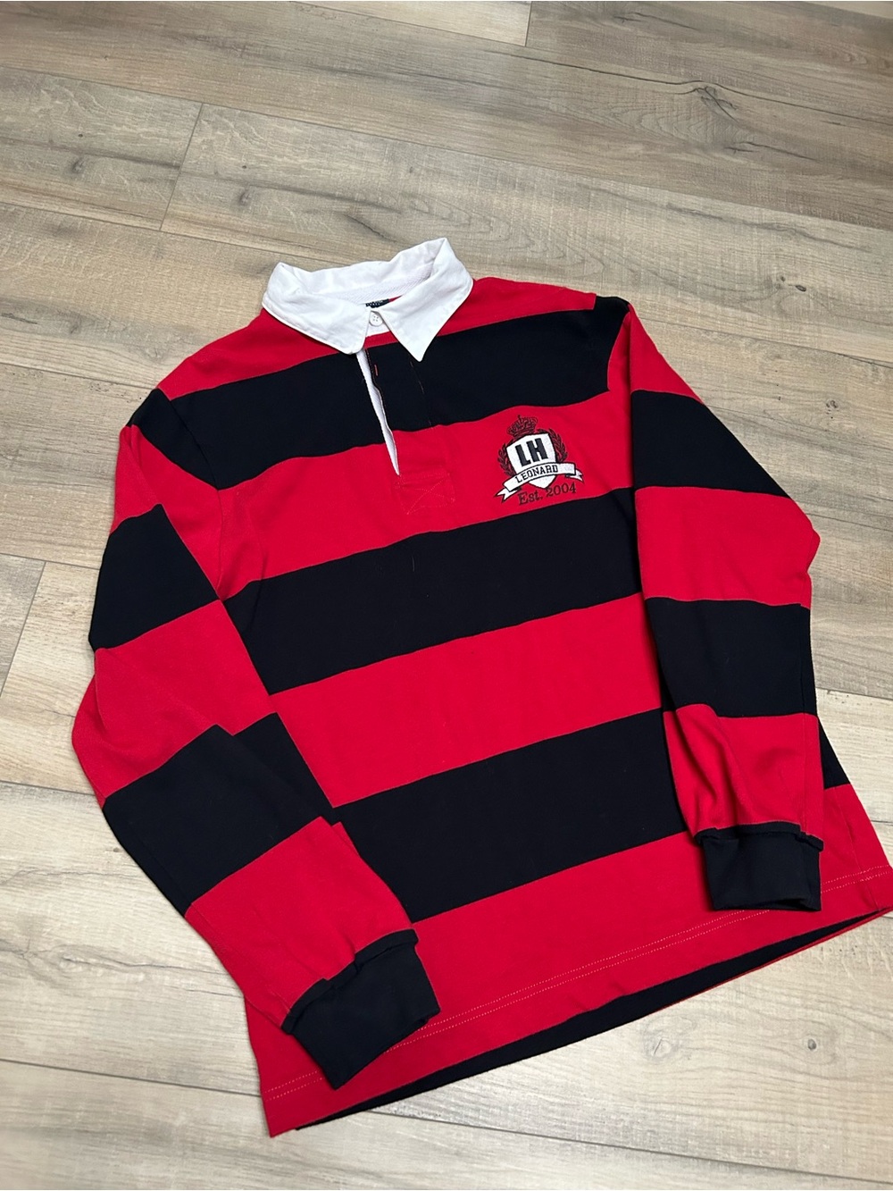 Men's Red and Black Striped Rugby Sweatshirt with White Collar
